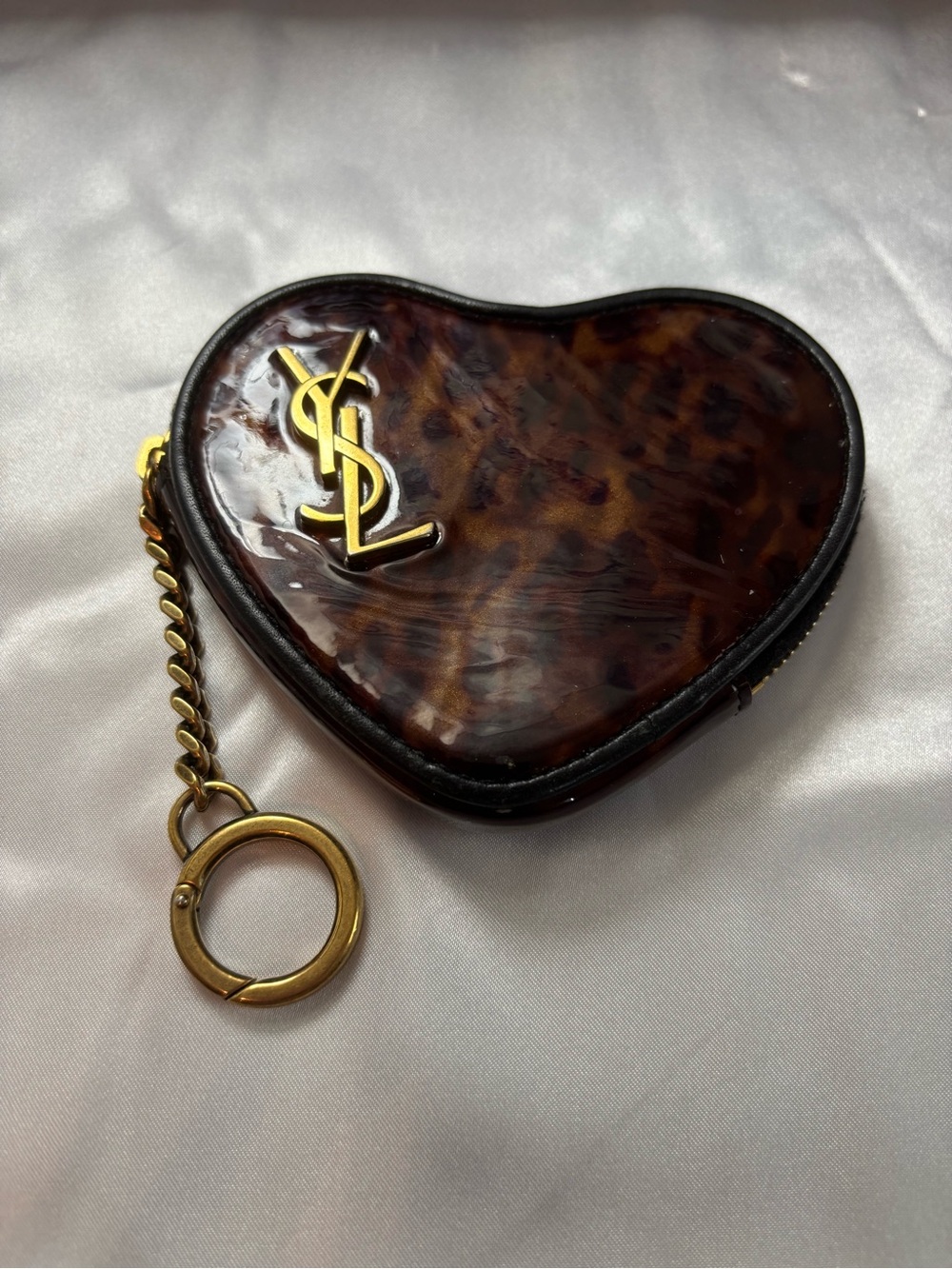 Authentic Rare Archival Saint Laurent Patent Leopard Monogram Heart Key Pouch